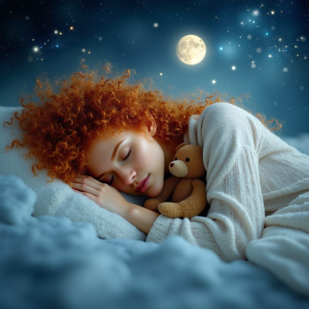 Redhead Woman Sleeping on Clouds Under Full Moon