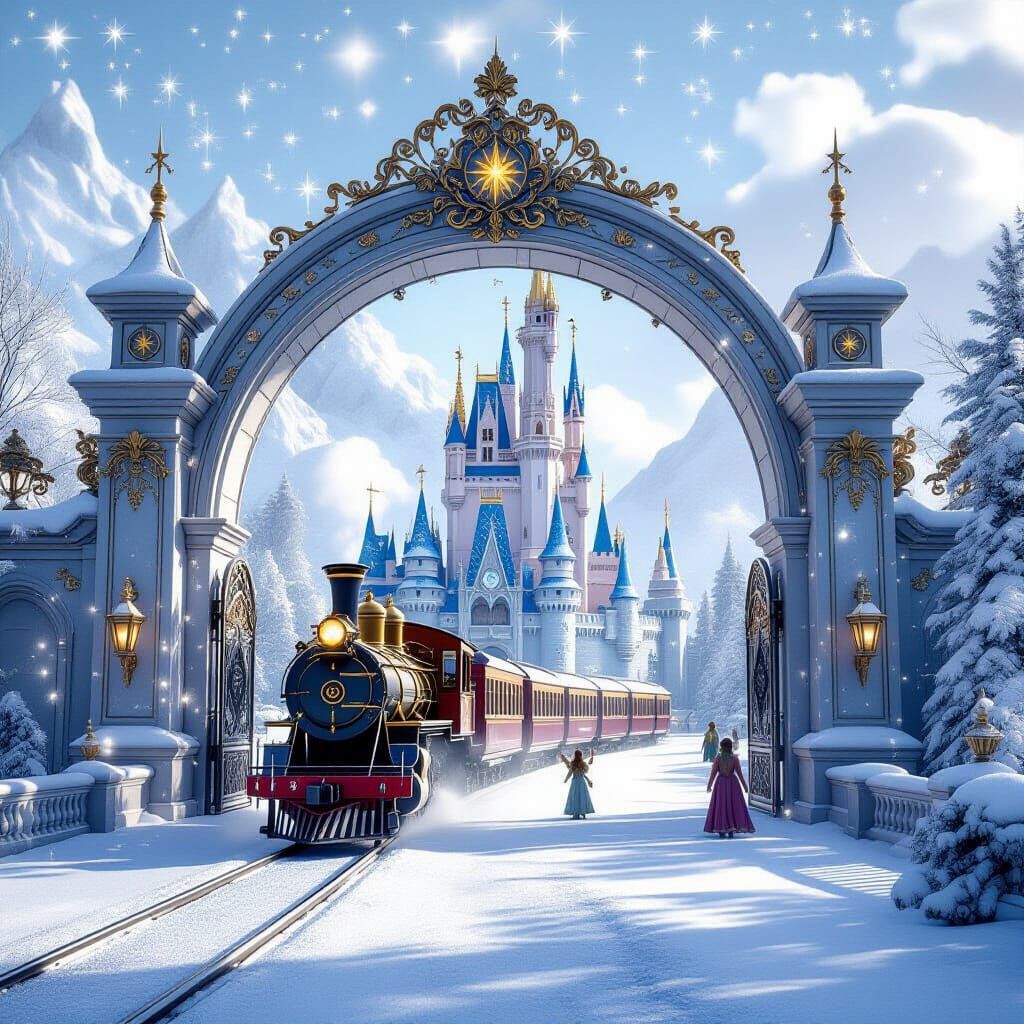 Magical Palace Entrance with Train and Fairies