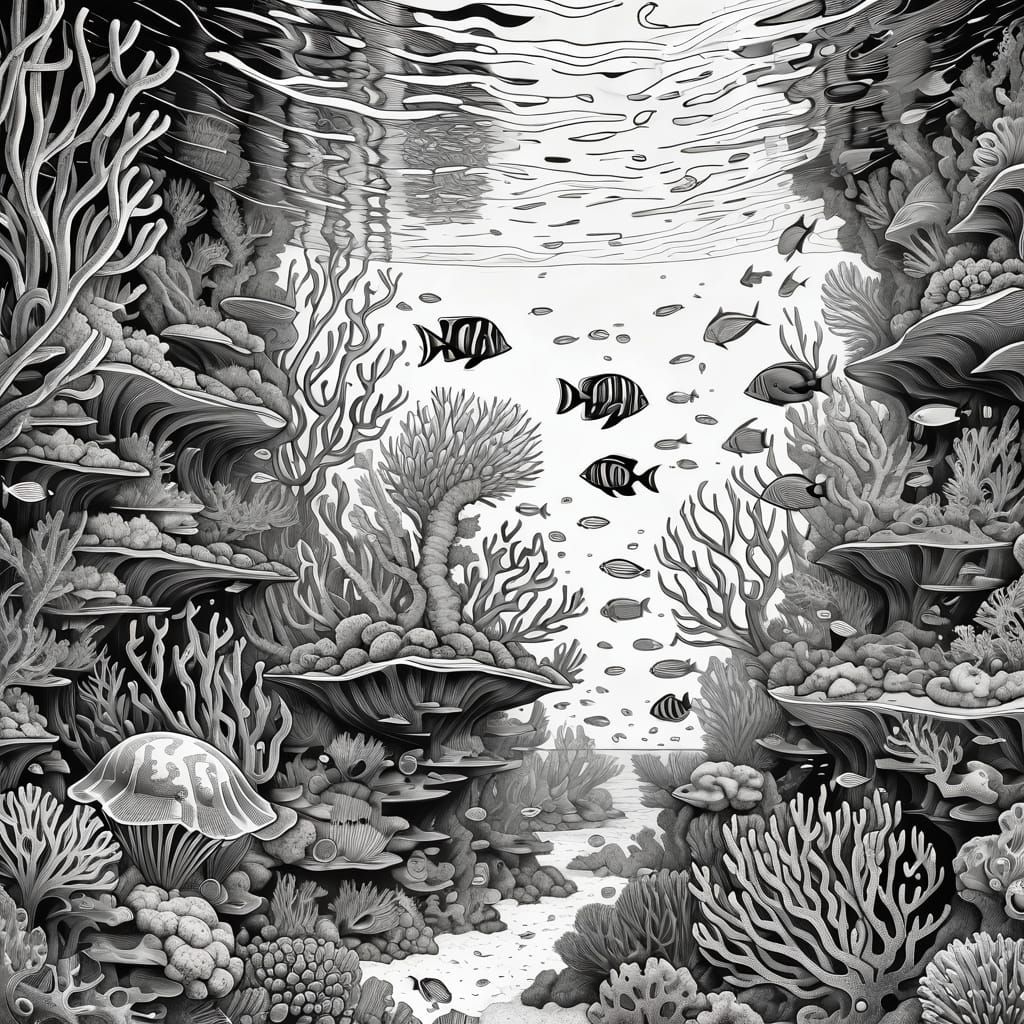 Dramatic Black Line Art of Exotic Reef Scene