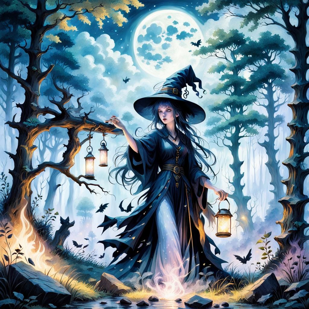 Anime Witch Ritual Under Full Moon