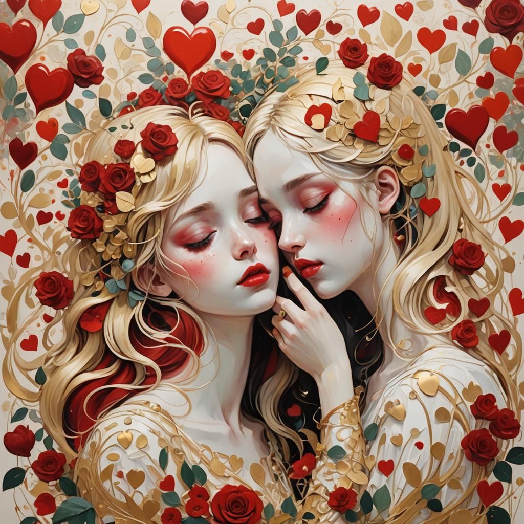 Colorful Twins in Art Nouveau Oil Painting