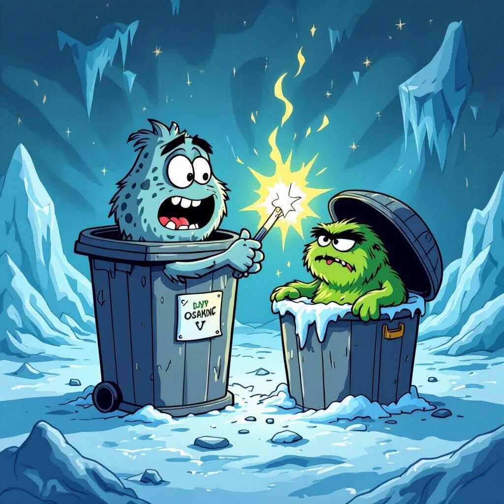 An anthropomorphic cartoon freckled gray litter bin performi...
