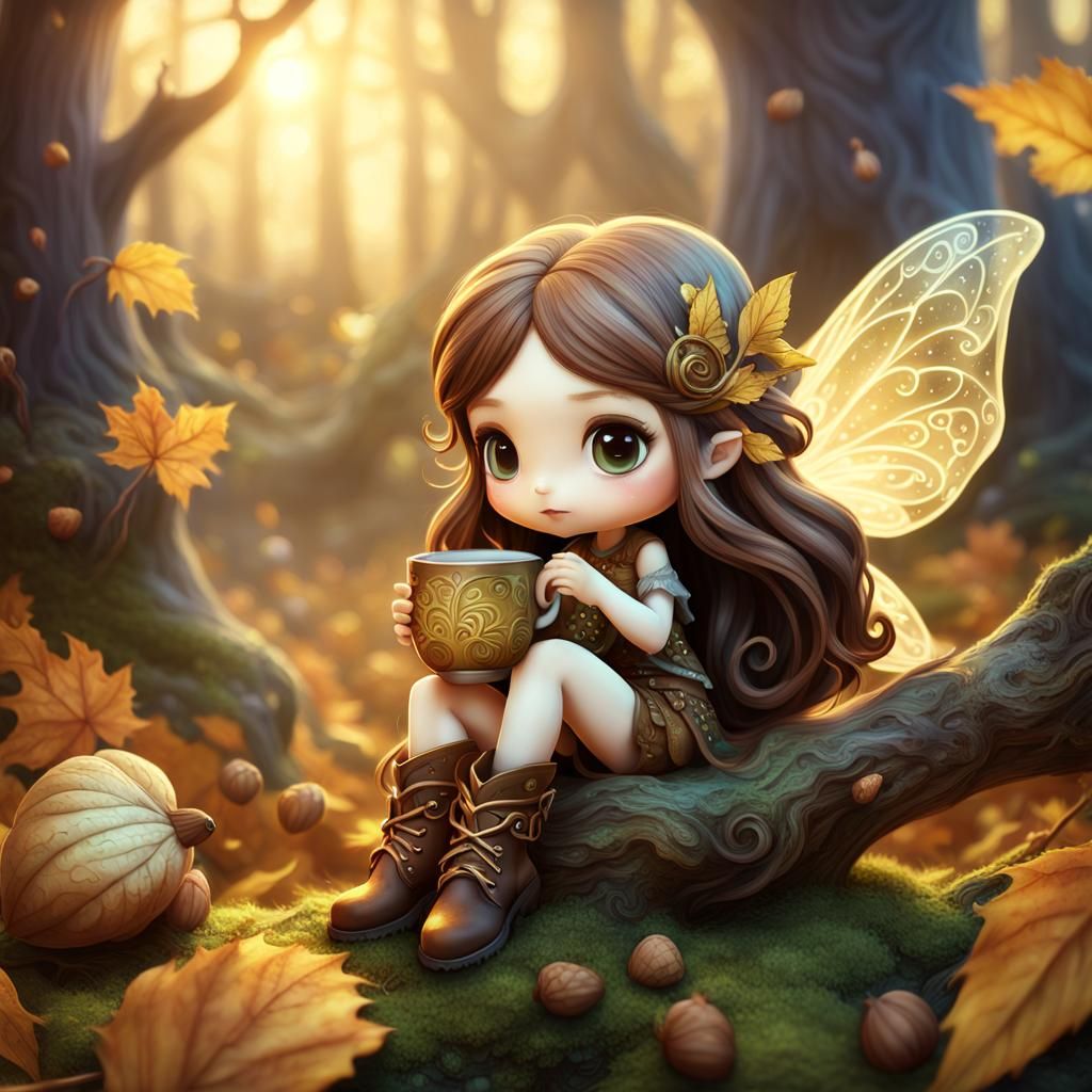 Chibi Fairy on Acorn in Whimsical Autumn Scene