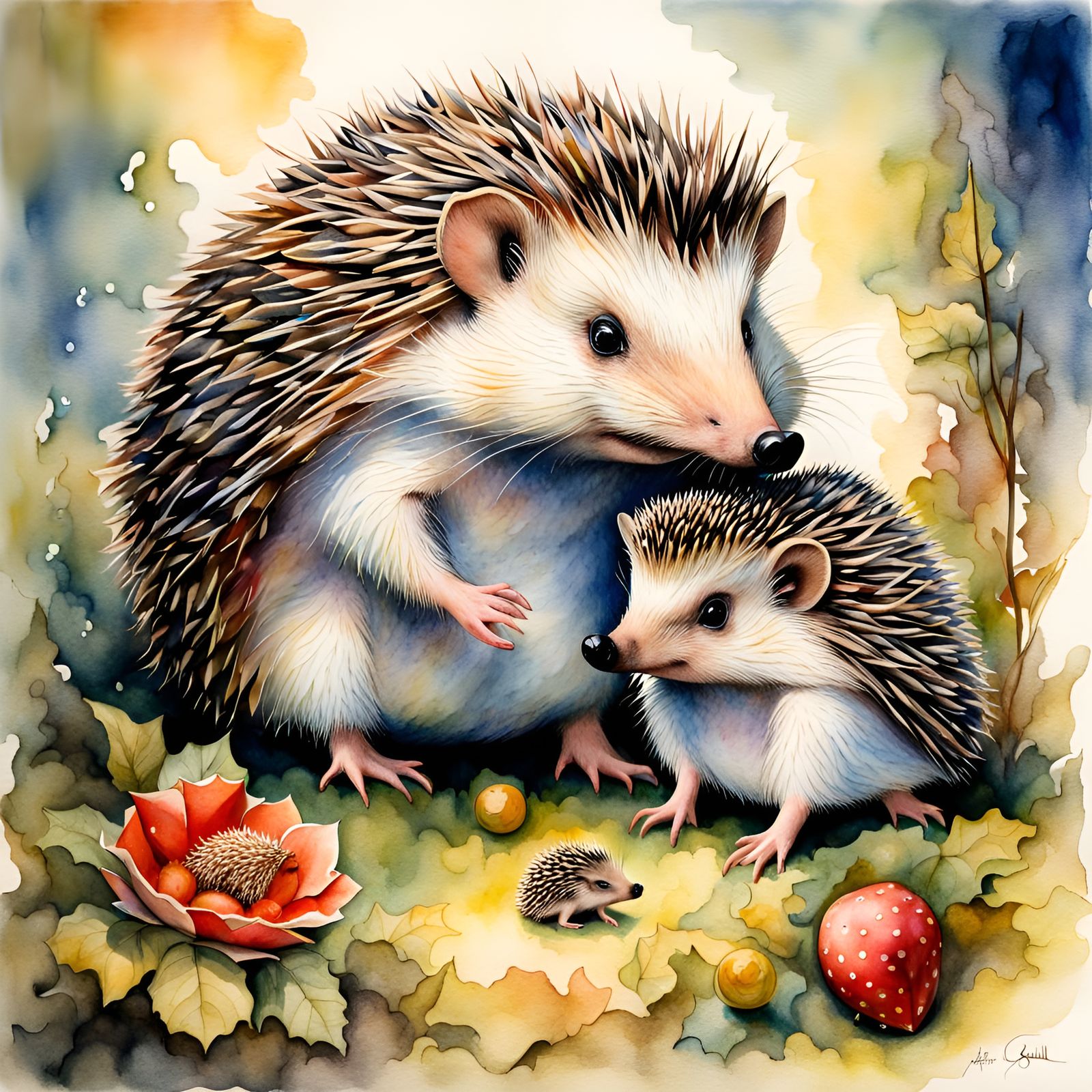 Charming Hedgehog Family Watercolor Illustration
