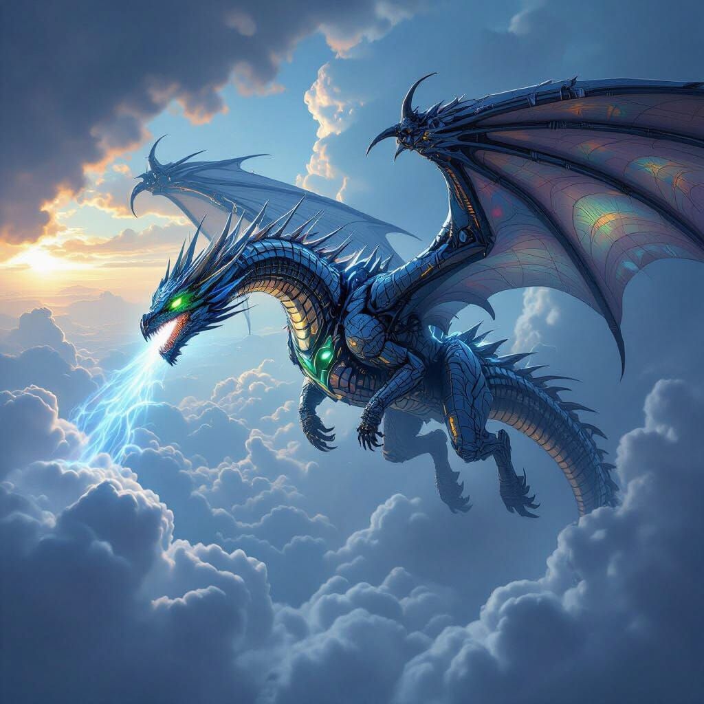 Biomechanical Dragon Soaring Through Clouds in Dark Futurism
