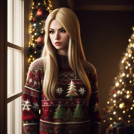Girl in Christmas Sweater by Christmas Tree