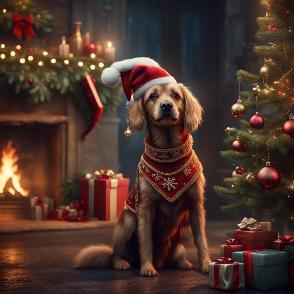 Festive Christmas Dog in Detailed Matte Painting Style