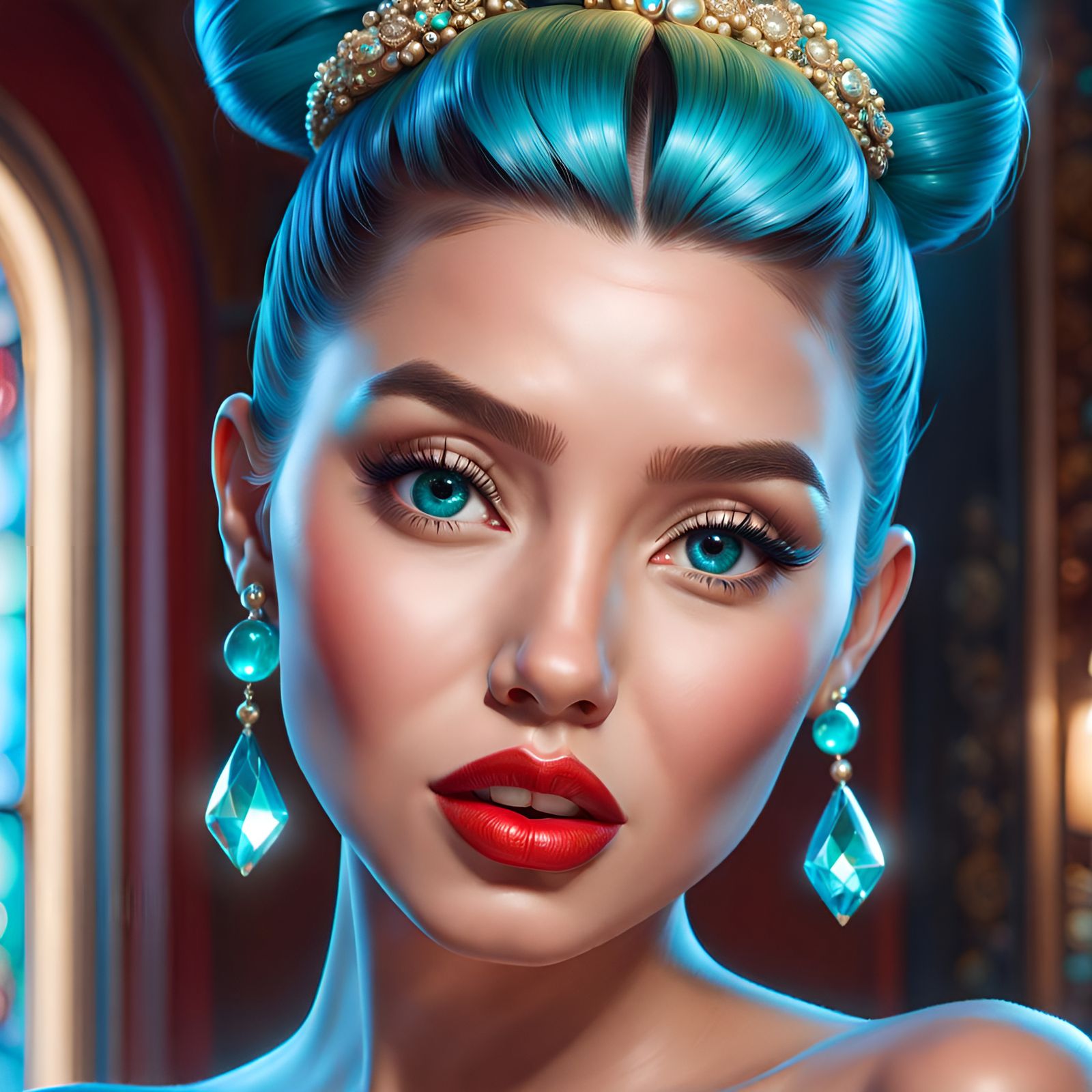 Gorgeous Woman with Cyan Jewels, Hyper-detailed 3D Render