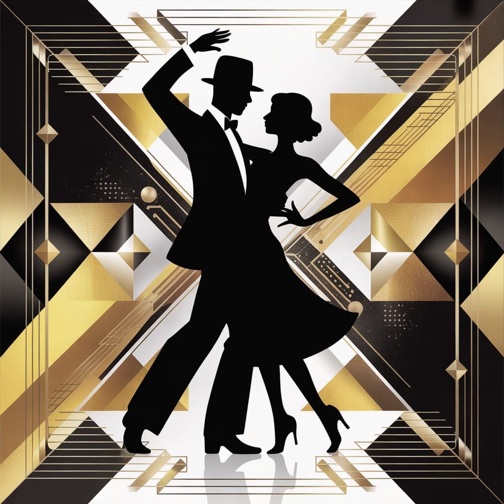 1920s Dancers Silhouettes in Geometric Gold & Black Art