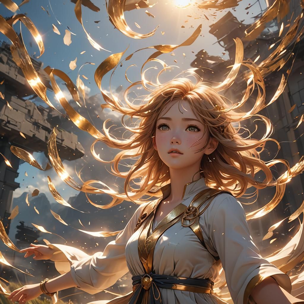 Anime Wind Girl in Mystical Landscape