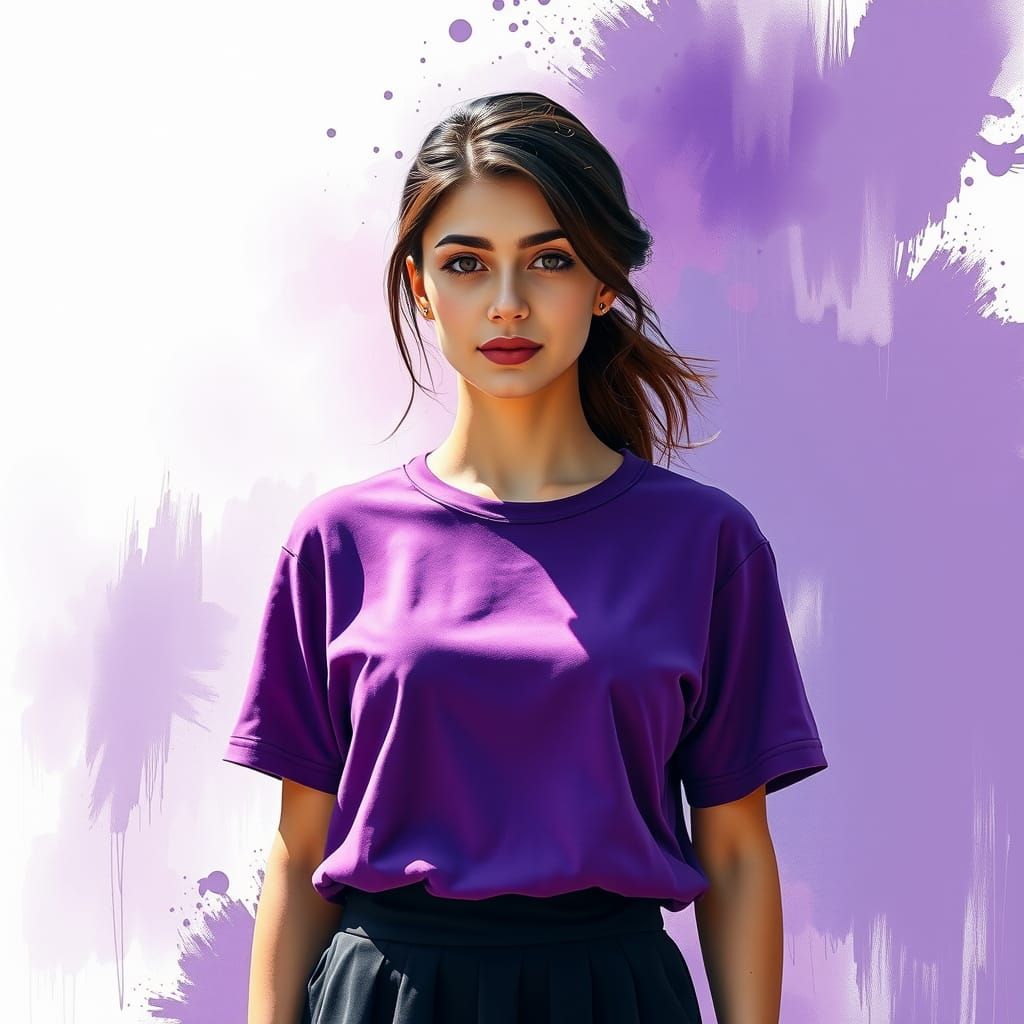 Woman in Violet T-Shirt: Airbrush Ink Painting
