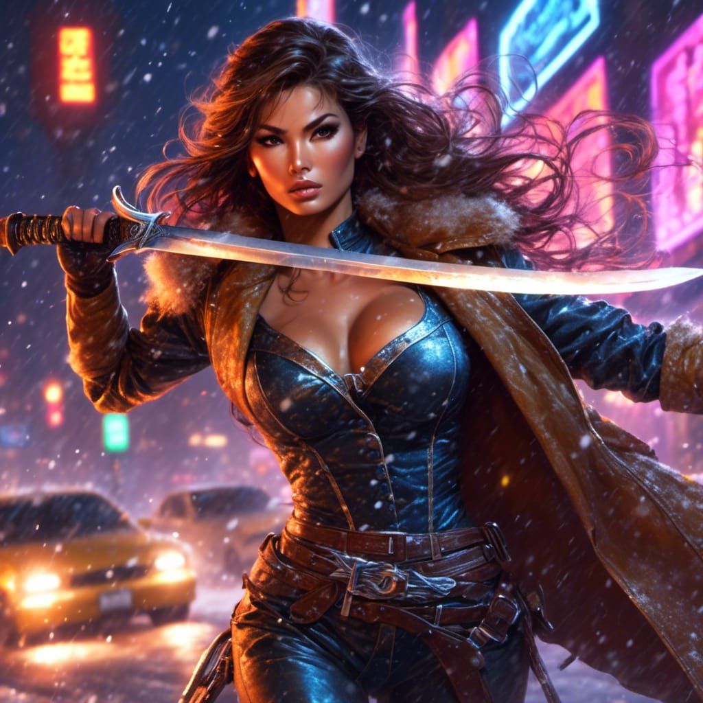 Neonpunk Raquel Welch Sword Fight in the Snow