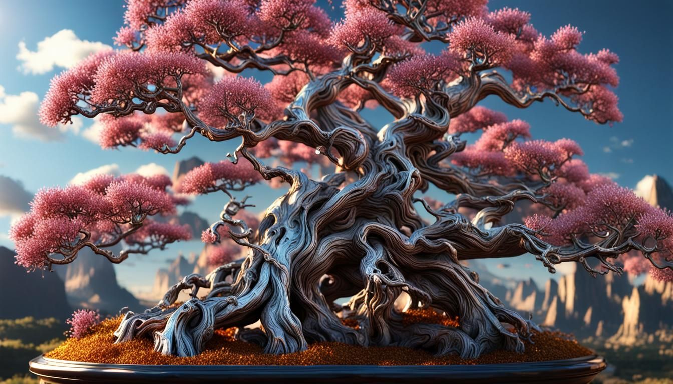 Platinum Bonsai Tree with Gems in 3D