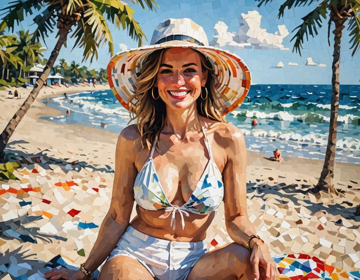 Woman on Beach in Pixelated Expressionist Painting