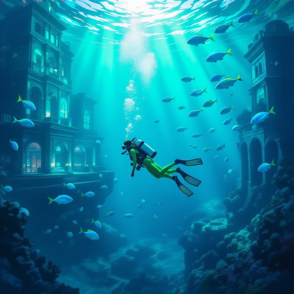 Diver Discovers Atlantis in Dreamy Surreal Style
