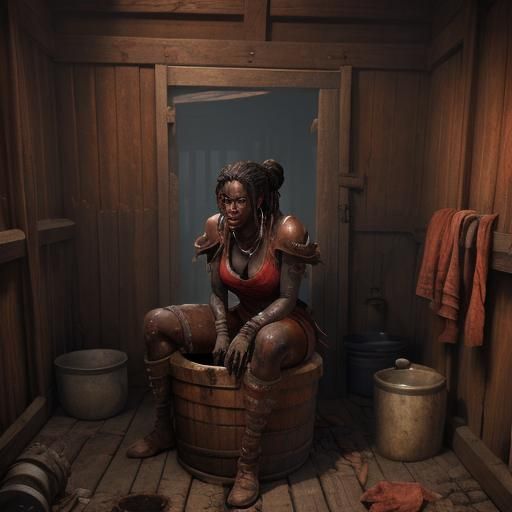 Cartoon Woman in Outhouse: Detailed Matte Painting