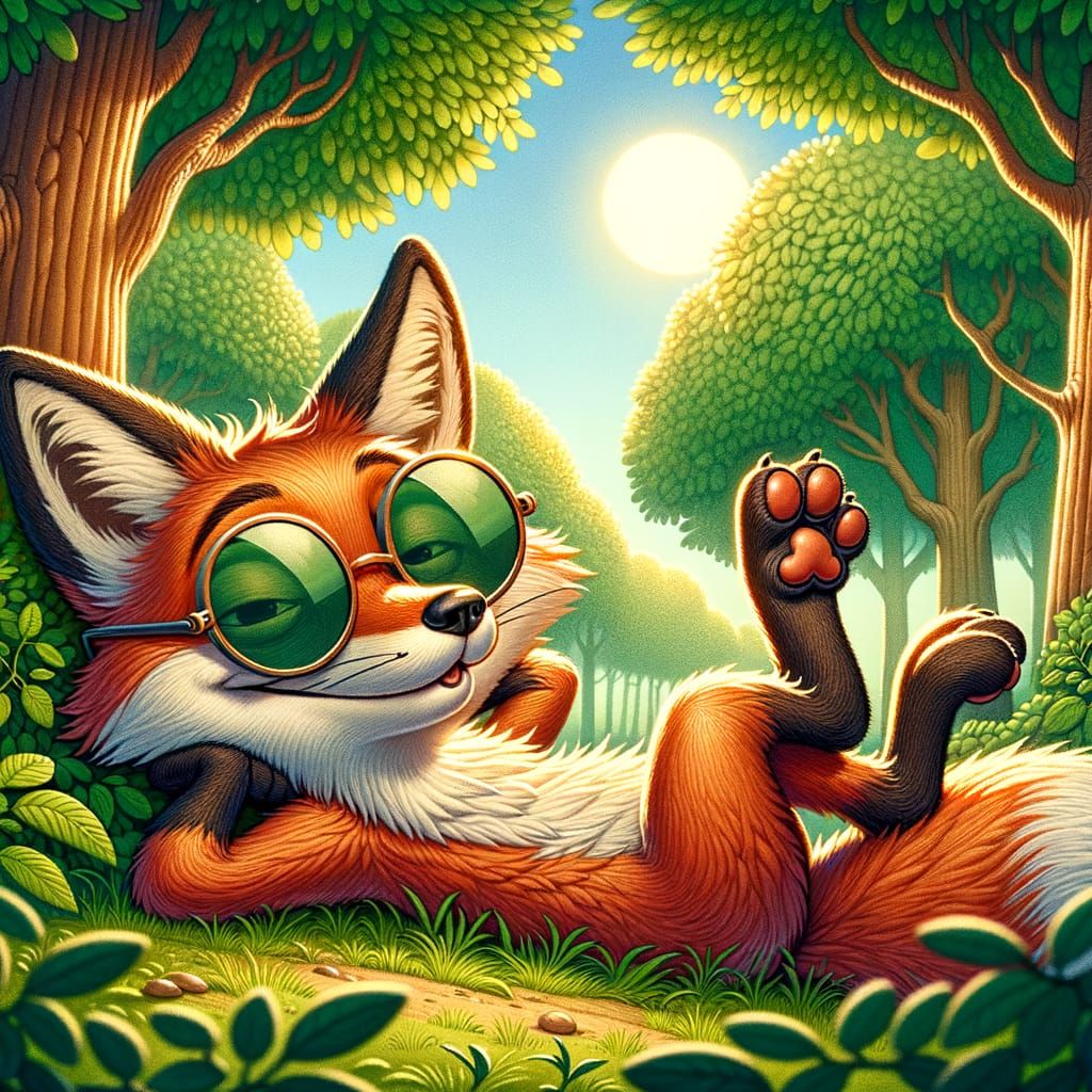 Relaxed Cartoon Fox Whistling Under Tree in Summer Forest