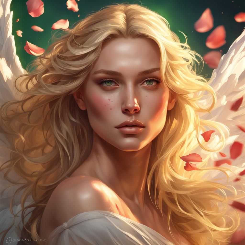 Angelic Blonde Portrait in Golden Light, Art Nouveau Style