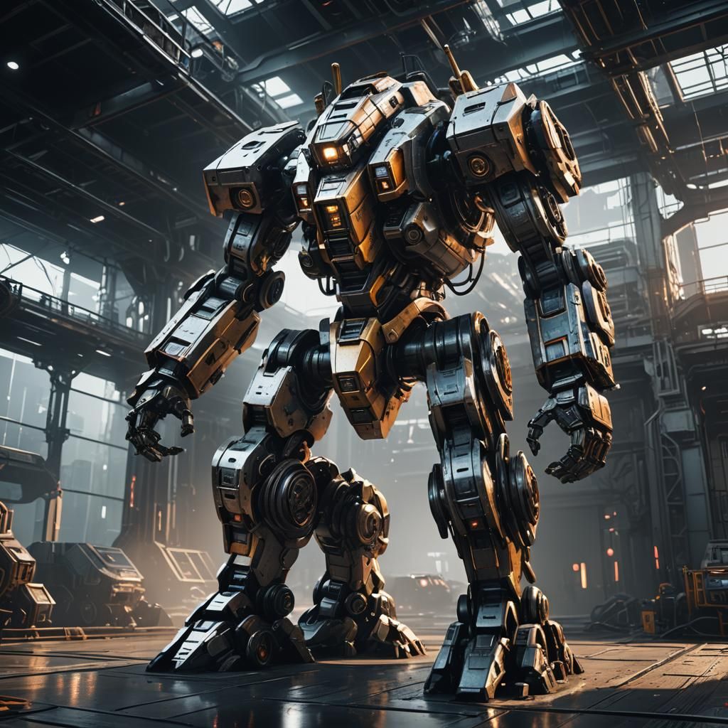 Futuristic Sci-Fi Mech on Metallic Platform