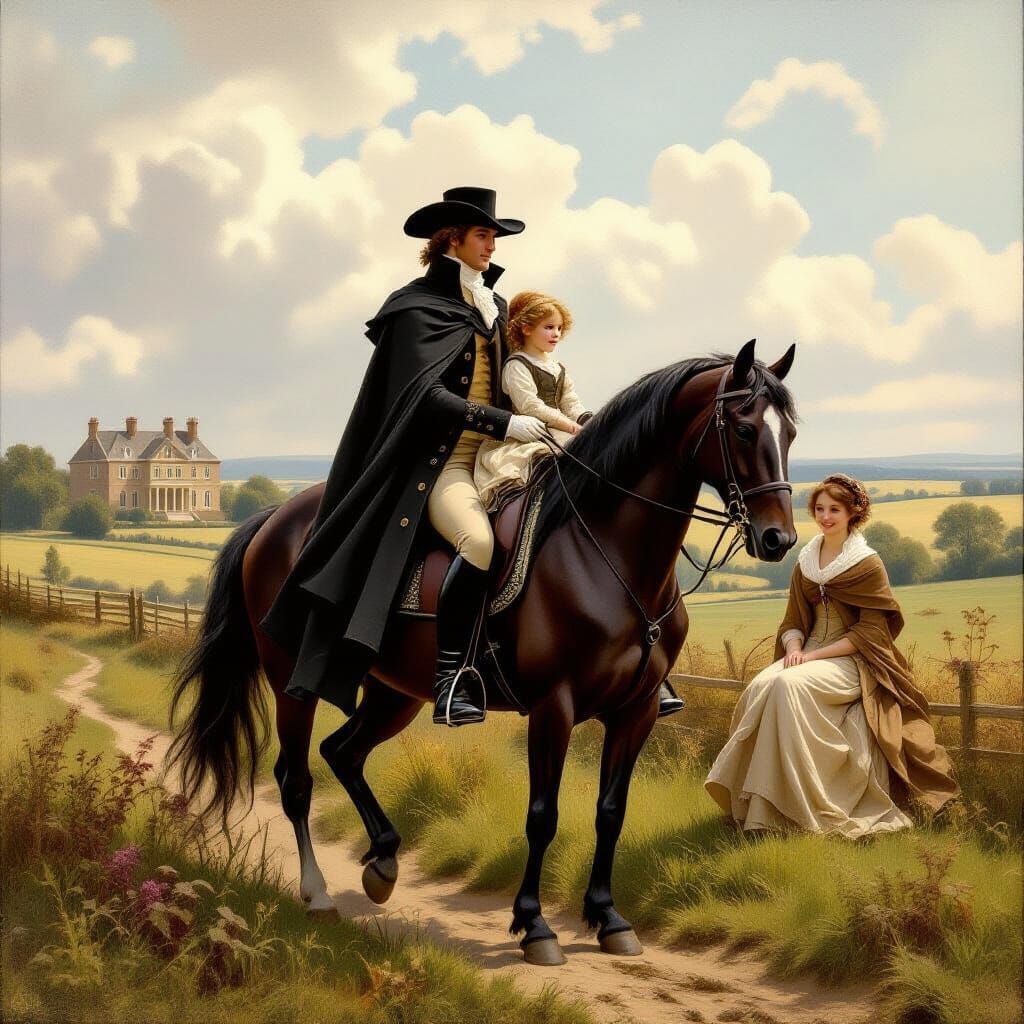 Regency Gentleman Rides Horse with Sister Through English Co...