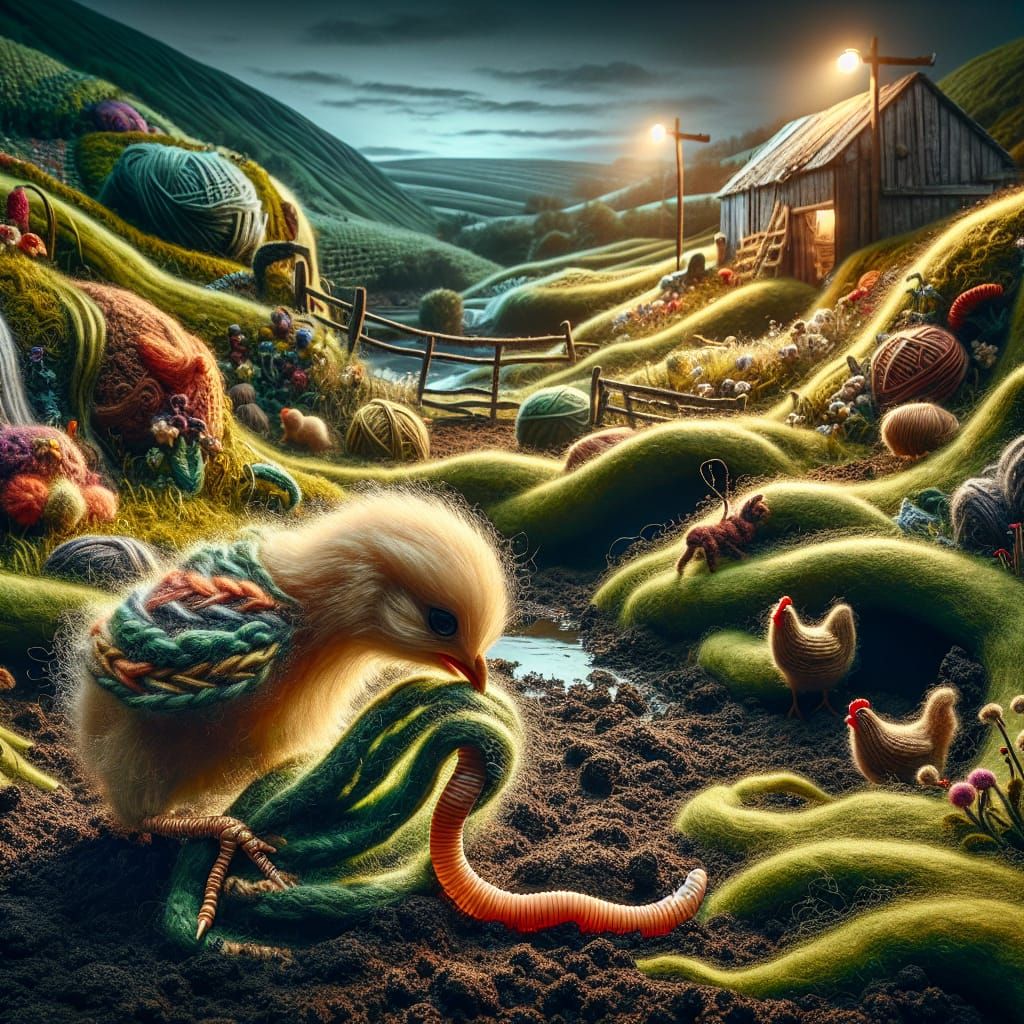 Knitted Chick Pulls Worm in Fantasy Farm Scene