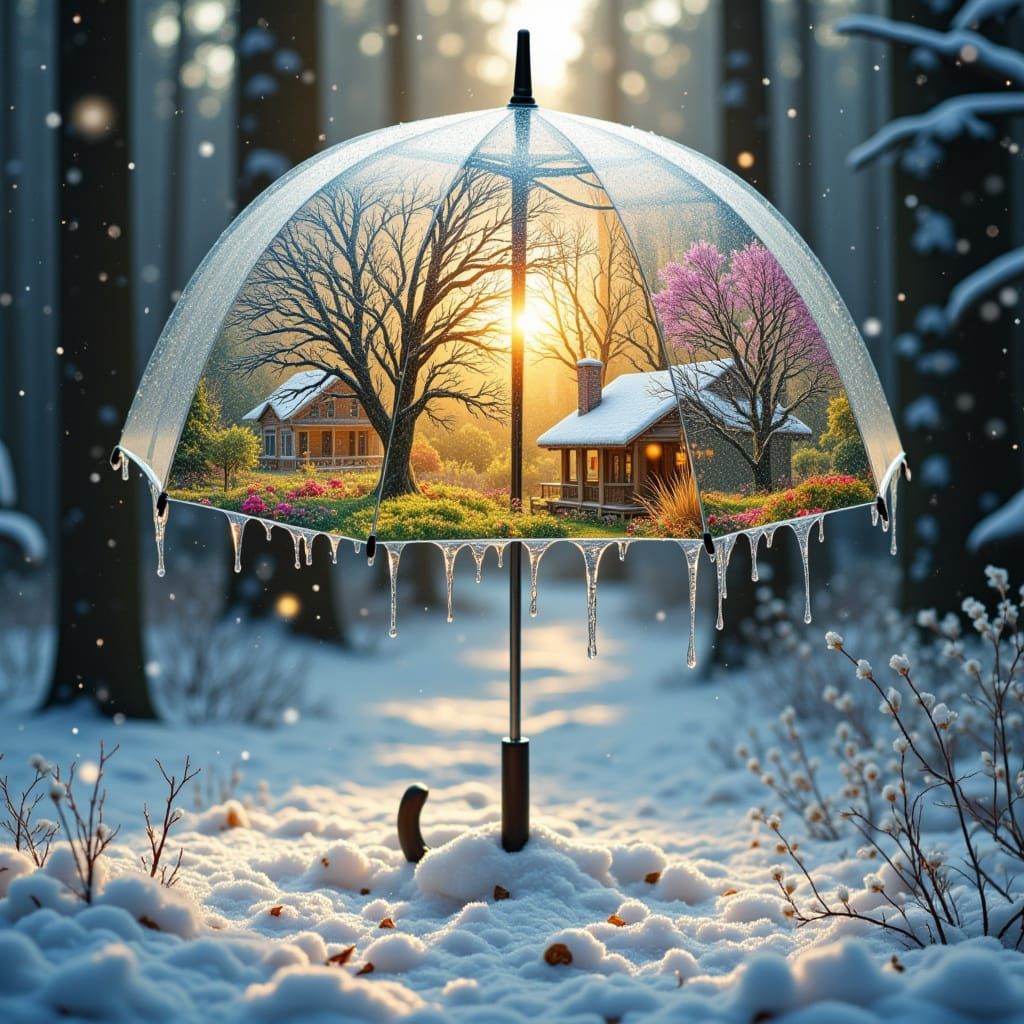 Dreamy Double Exposure: Snowy Forest Meets Spring Garden