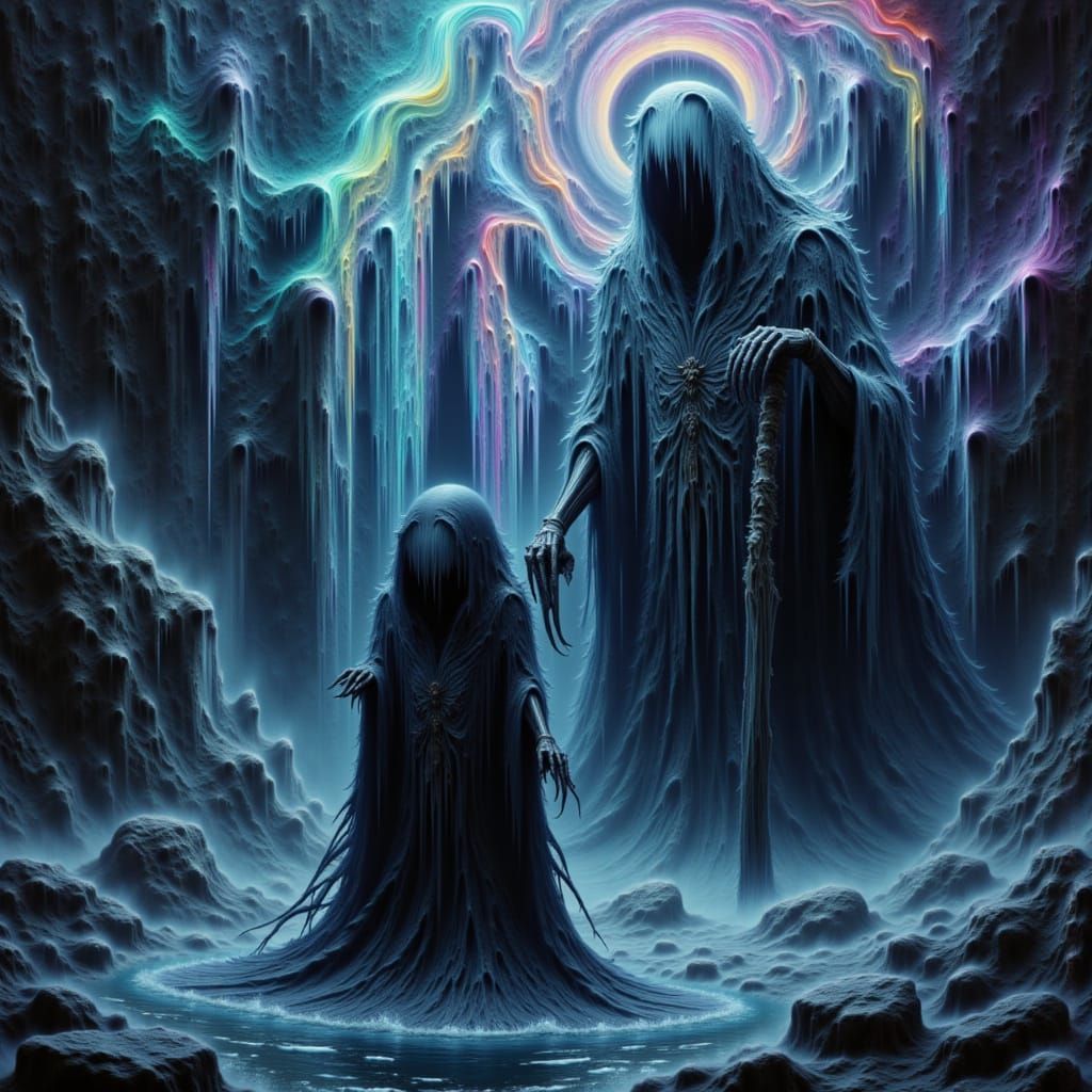 Grim Reaper Beside Ethereal Waterfall in Psychedelic Colors