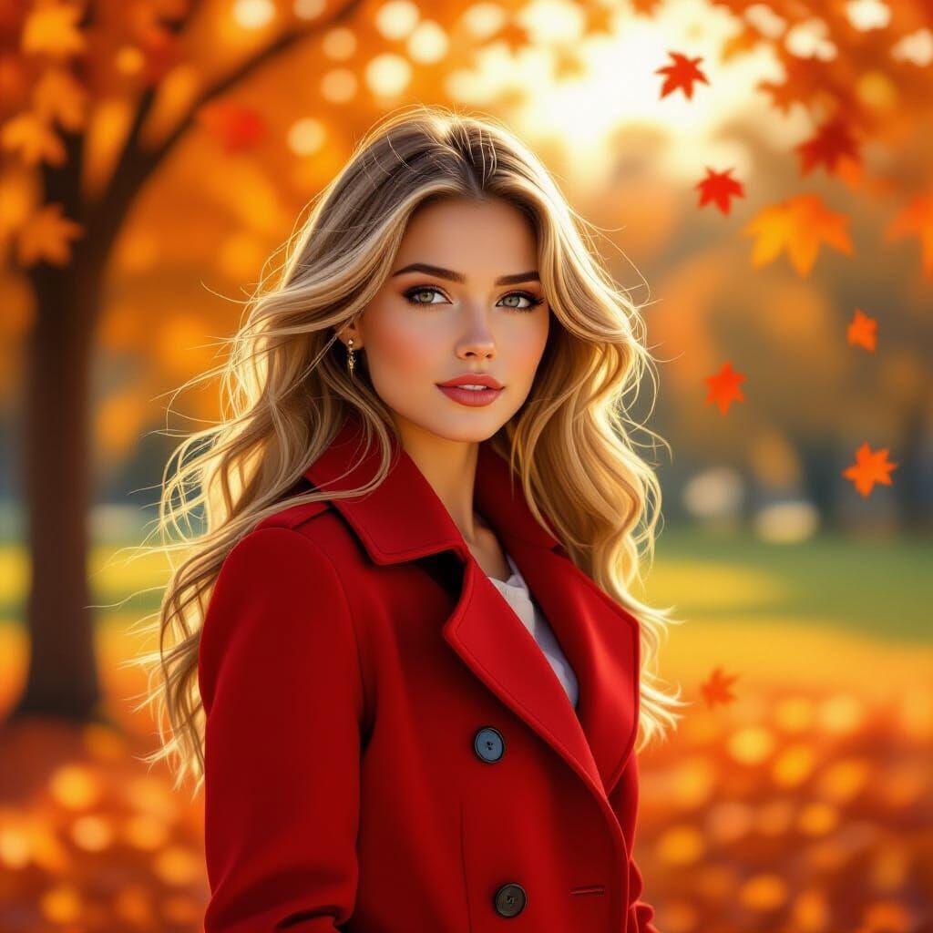 Woman in Red Coat Amidst Autumn Foliage