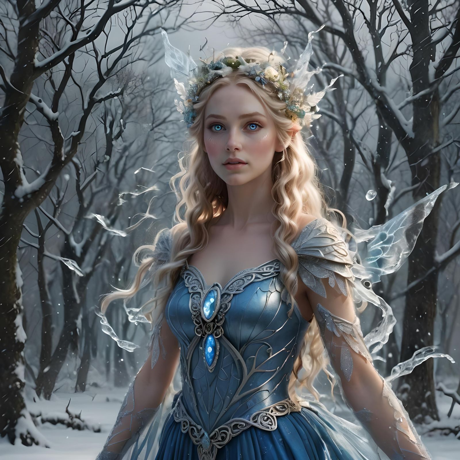 Celtic Snow Fairy Nymph in Icy Forest: 3D Render