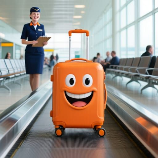Smiling Orange Suitcase on Airport Moving Walkway