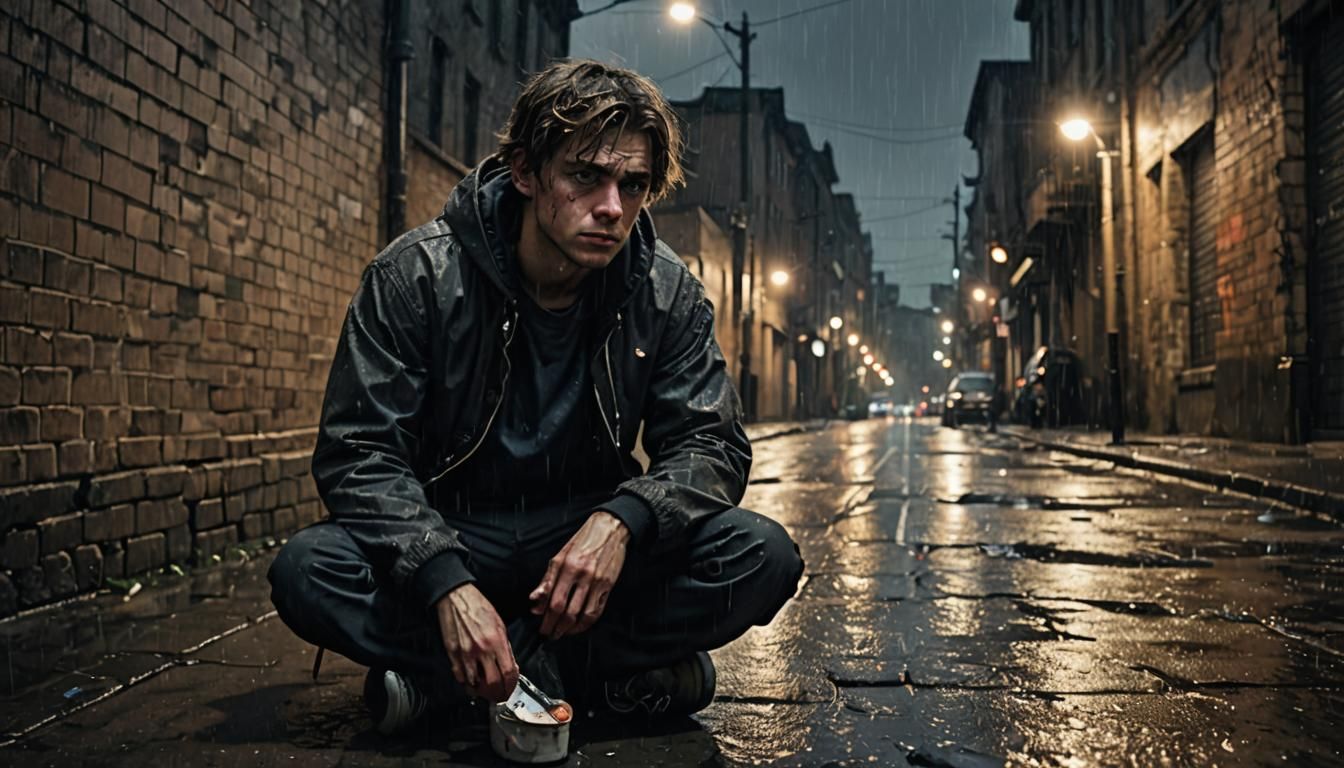 Worn Out Young Adult in Gritty Urban Concept Art