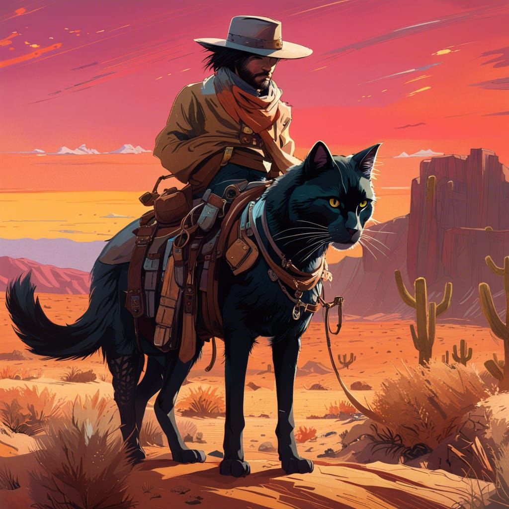 Cat Cowboy in Desert Sunset: Digital Art