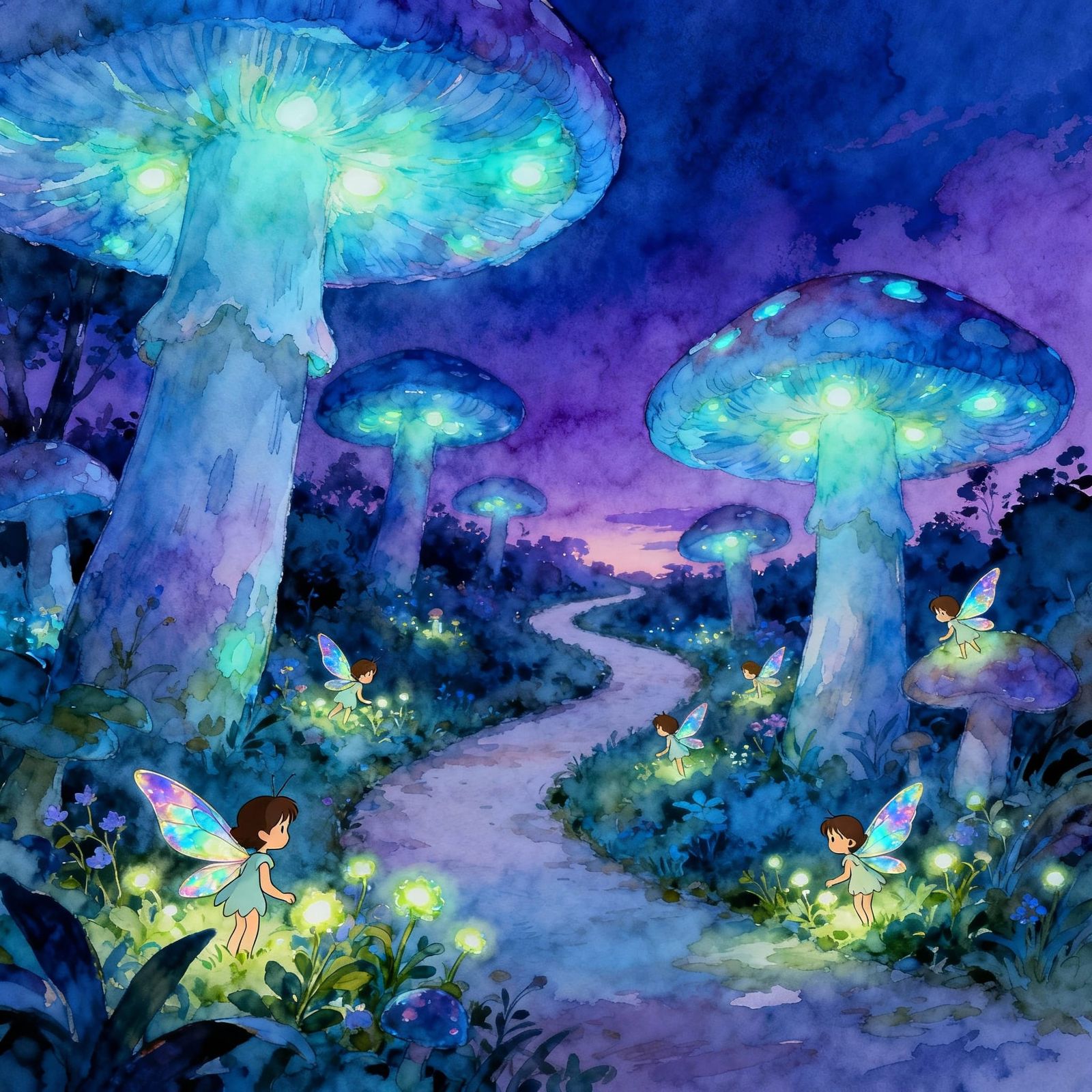 Bioluminescent Mushroom Forest Twilight Scene