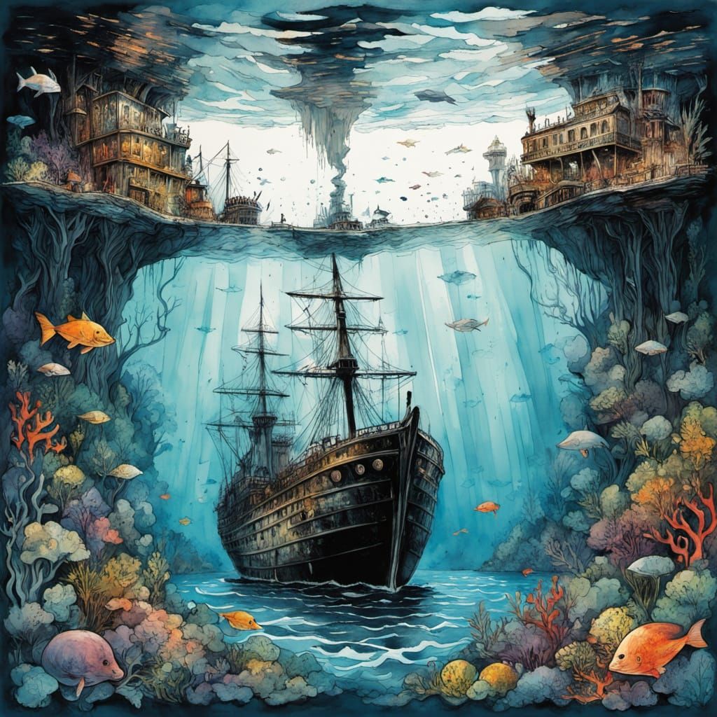 Dynamic Shipwreck: Colorful Underwater Ink Sketch