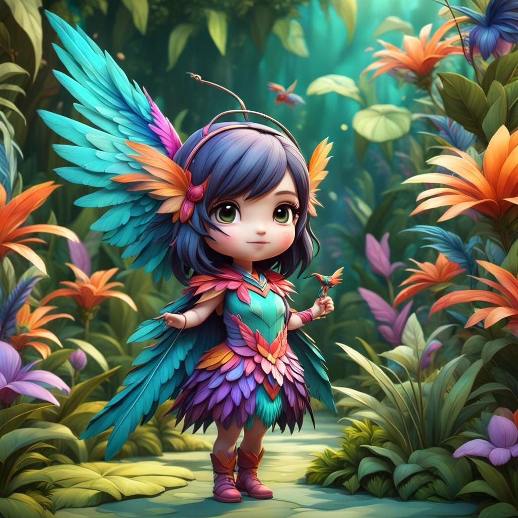 Adorable Hummingbird Girl in Lush Garden
