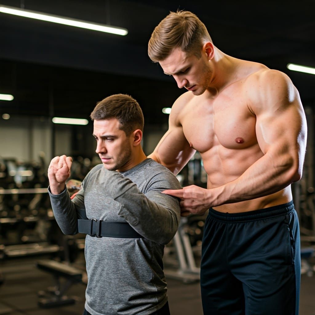 Gym Training: Muscular Man Disciplines Weaker Man