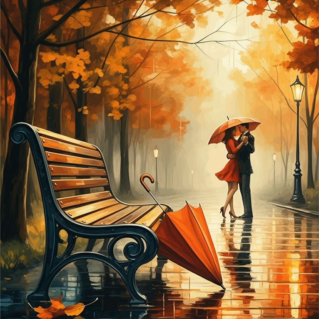 Romantic Autumn Dance in Rainy Park