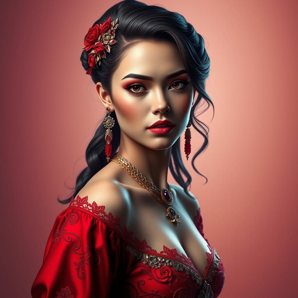 Elegant Red Portrait in Hyper-Realistic Concept Art Style