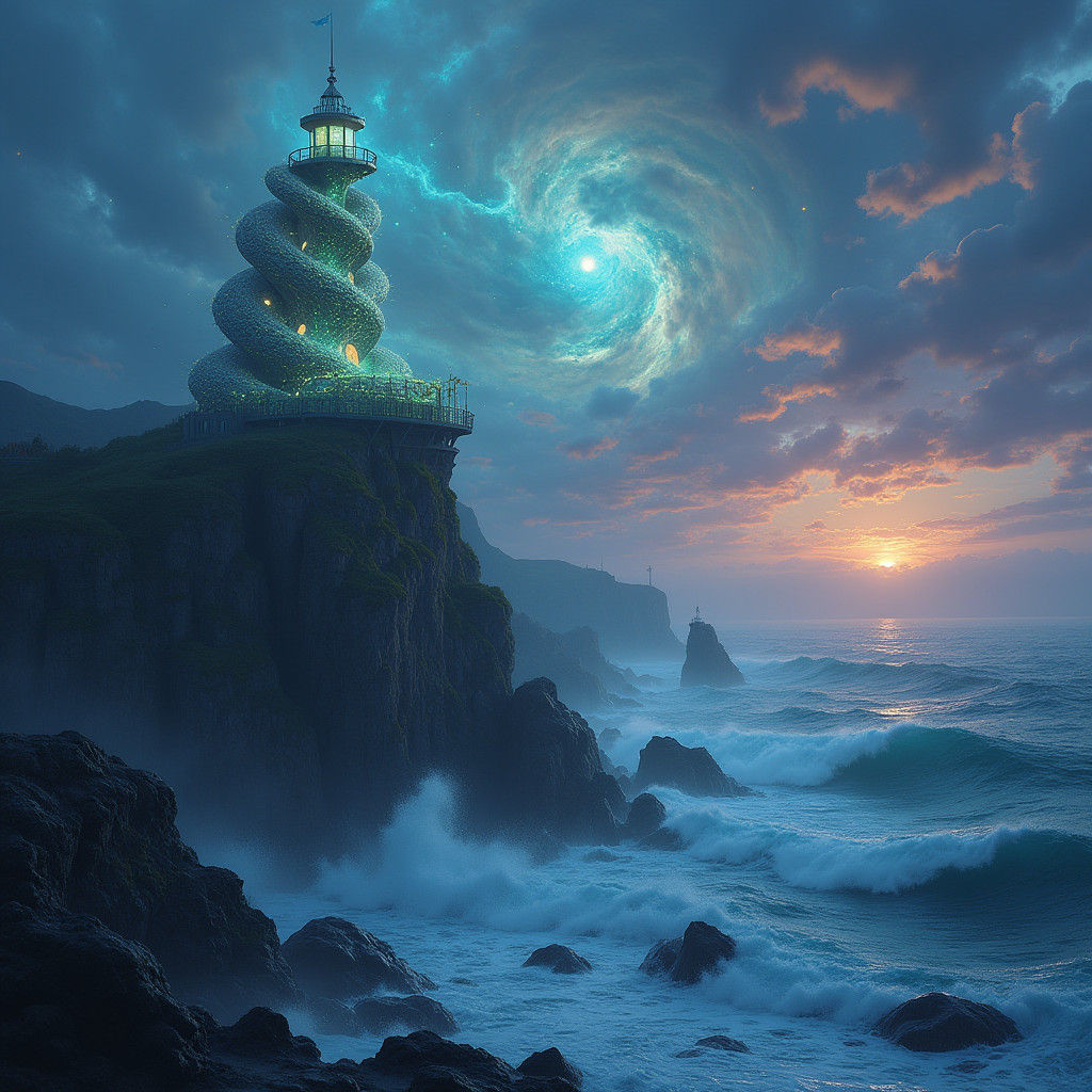 Bioluminescent Lighthouse on Stormy Coast, Fantasy Matte Pai...