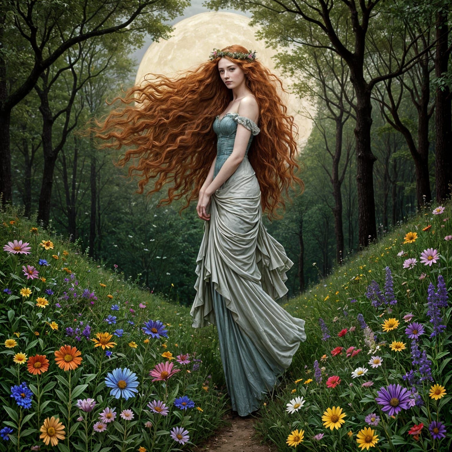 Romantic Moonlit Scene in Folk Art Nouveau Style