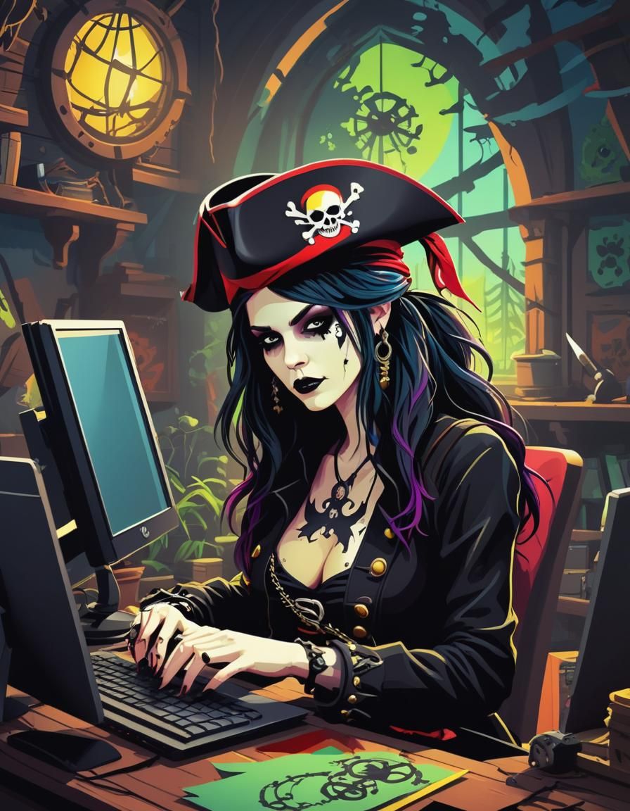 Most beautiful attractive Goth pirate hacking on her compute...