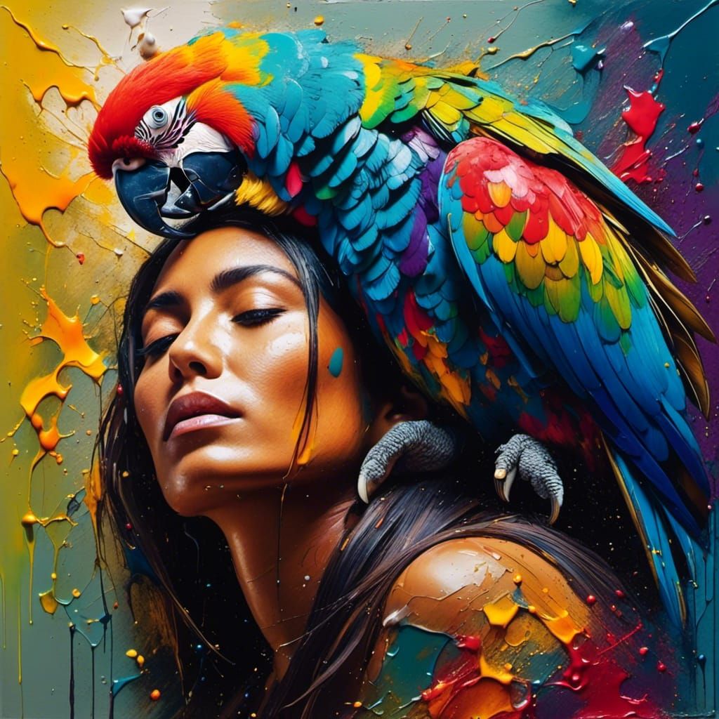 Peruvian Woman with Parrot in Abstract Realism Style