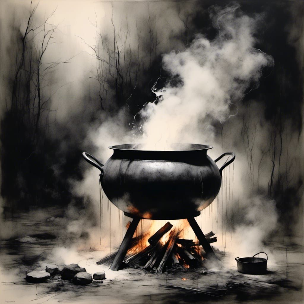 Cauldron Bubbling in Mist: Brushed Charcoal Drawing