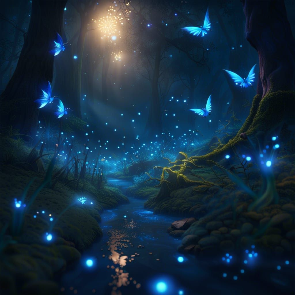 Enchanted Forest with Blue Phoenix Fireflies