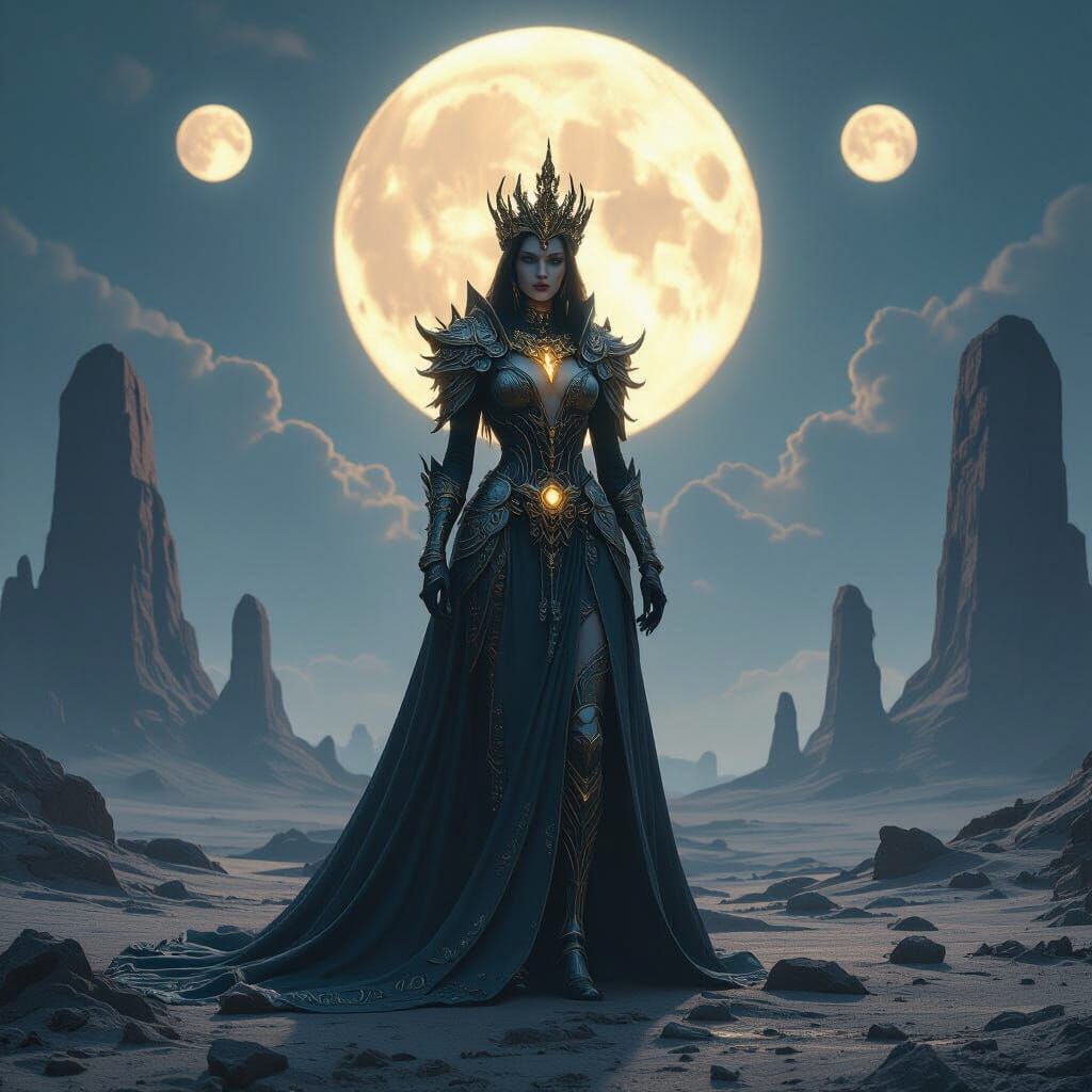Majestic Queen on Alien Planet with Twin Moons