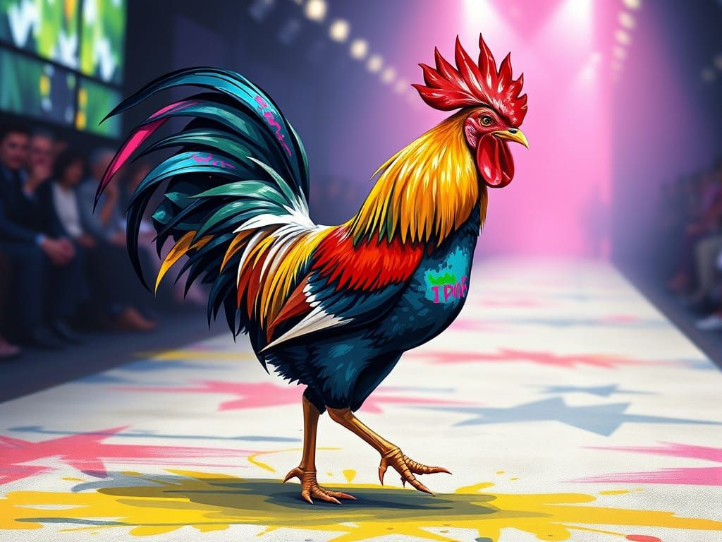 Vibrant Rooster Struts Down the Catwalk in Bold Graffiti Sty...