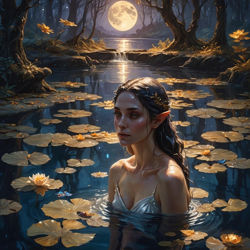 Moonlit Elf Woman in Forest Pool, Oil Painting