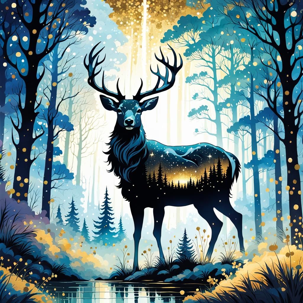 Deer Silhouette in Cloud Forest with Gold Sparkles