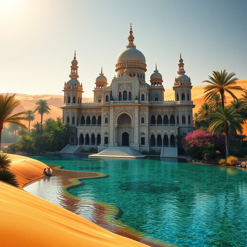 Ethereal Marble Palace Oasis Scene in Photorealistic Style