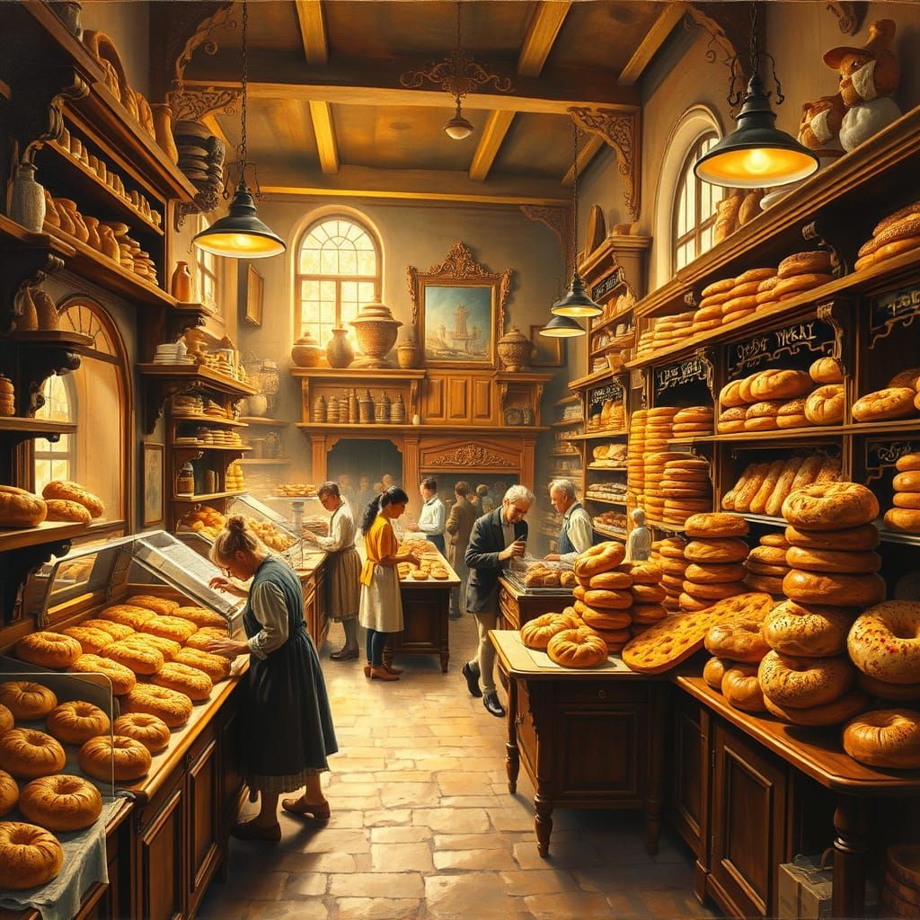 Golden Old-World Bakery in Impressionistic Style
